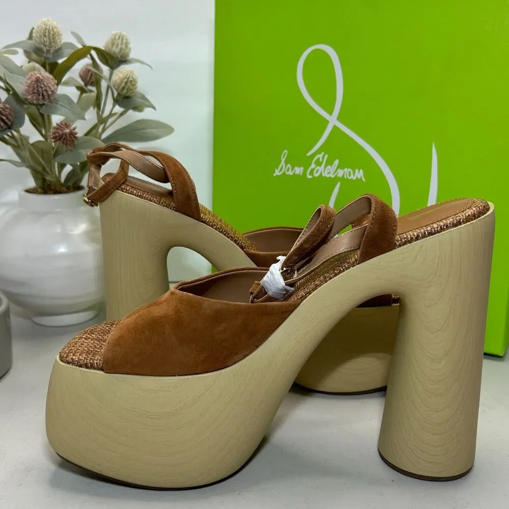 Sam Edelman Grayson Platform Suede Sandal Brown Block Heel Women's 9.5 M NWB